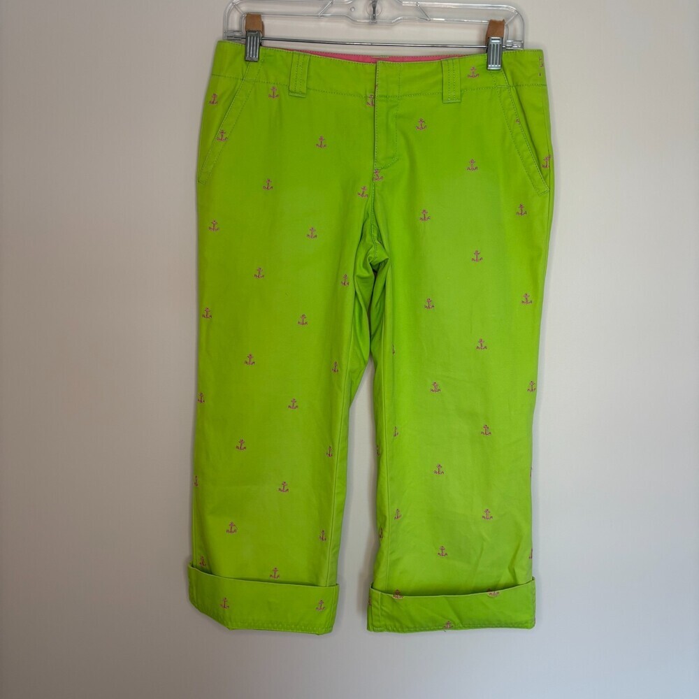 LILY PULITZER Bright Green Embroidered Pink Anchor Capris Womens 2 100% Cotton